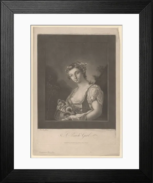 Framed Print : A Peach Girl: a woman carrying peaches in her apron and holding up one, 1786. Creator: James Wilson Framed Print : A Peach Girl: a woman carrying peaches in her apron and holding up one, 1786. Creator: James Wilson