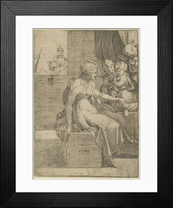 Framed Print : Seated woman with two children (Virgin with Christ and St John the Baptist?), 1540. Creator: Leon Davent Framed Print : Seated woman with two children (Virgin with Christ and St John the Baptist?), 1540. Creator: Leon Davent