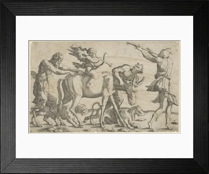 Framed Print : Cupid being led blindfolded on a donkey, 1540-56. Creator: Leon Davent Framed Print : Cupid being led blindfolded on a donkey, 1540-56. Creator: Leon Davent