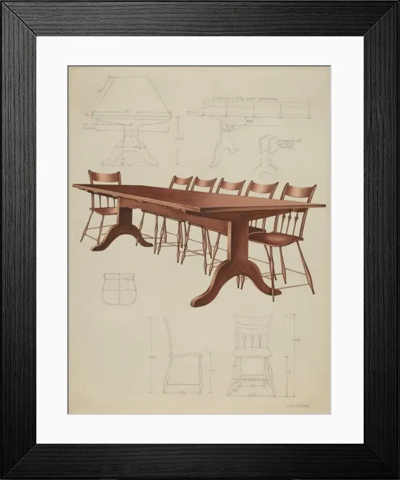 Framed Print : Shaker Dining Table and Chairs, c. 1937. Creator: Lon Cronk Framed Print : Shaker Dining Table and Chairs, c. 1937. Creator: Lon Cronk