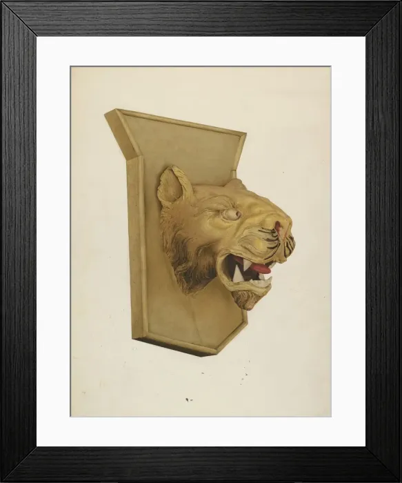 Framed Print : Wood Carving of Tigers Head, c. 1939. Creator: Joseph Glover Framed Print : Wood Carving of Tigers Head, c. 1939. Creator: Joseph Glover