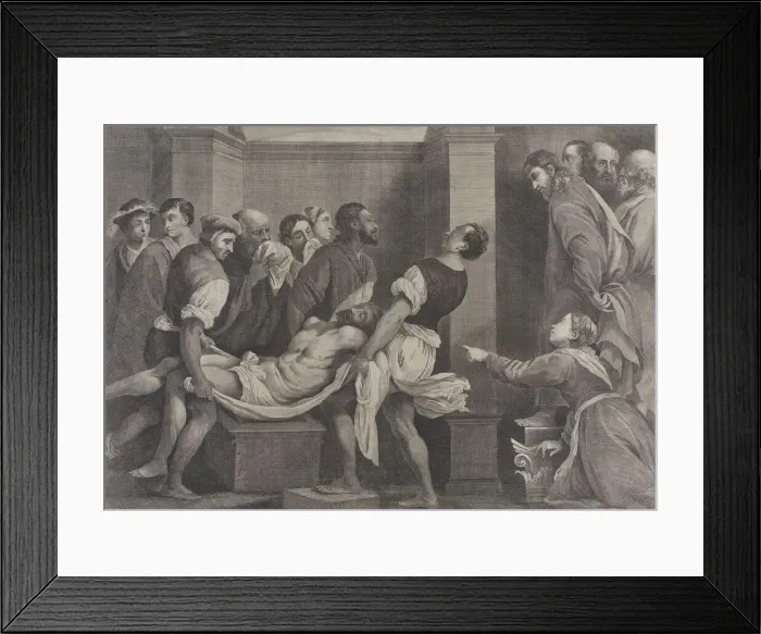 Framed Print : The raising of Lazarus, who is carried by three men at left, while his sister and C... ca. 1656-60. Creators: Jan van Troyen, David Teniers II Framed Print : The raising of Lazarus, who is carried by three men at left, while his sister and C... ca. 1656-60. Creators: Jan van Troyen, David Teniers II