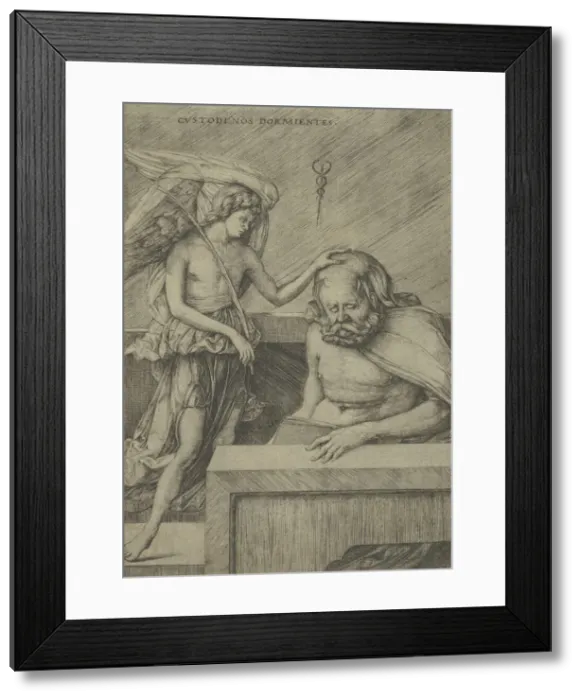 Framed Print : The Guardian Angel: an angel at left placing his hand on the head of a sleeping s... ca. 1500-1503. Creator: Jacopo de Barbari