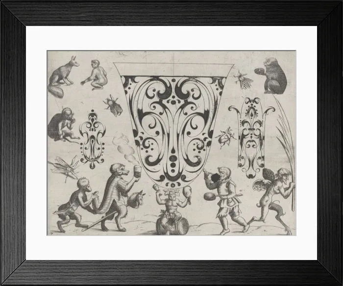 Framed Print : Blackwork Designs with Birds and Insects, Plate 7 from a Series of Blackwork Ornamen... after 1622. Creator: Meinert Gelijs Framed Print : Blackwork Designs with Birds and Insects, Plate 7 from a Series of Blackwork Ornamen... after 1622. Creator: Meinert Gelijs