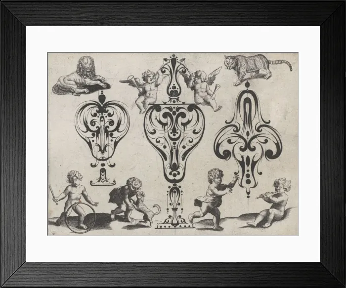 Framed Print : Blackwork Designs with Putti and Felines, Plate 8 from a Series of Blackwork Ornamen... after 1622. Creator: Meinert Gelijs Framed Print : Blackwork Designs with Putti and Felines, Plate 8 from a Series of Blackwork Ornamen... after 1622. Creator: Meinert Gelijs
