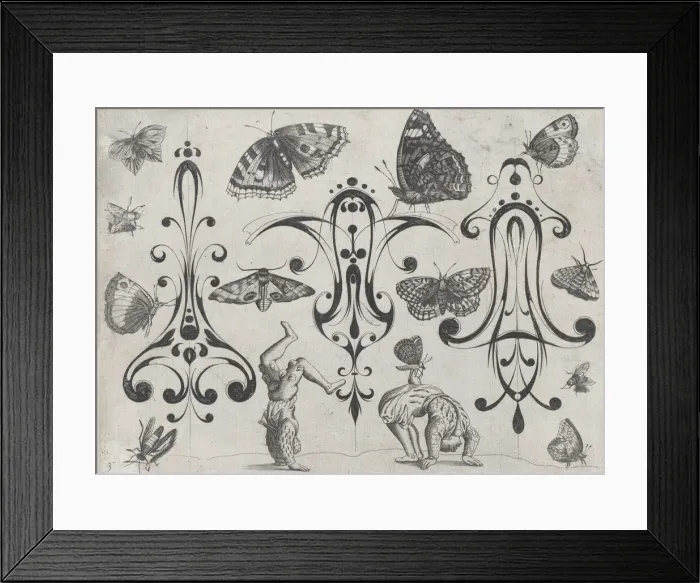 Framed Print : Blackwork Designs with Acrobats, Butterflies and Other Insects, Plate 3 from a Serie... after 1622. Creator: Meinert Gelijs Framed Print : Blackwork Designs with Acrobats, Butterflies and Other Insects, Plate 3 from a Serie... after 1622. Creator: Meinert Gelijs