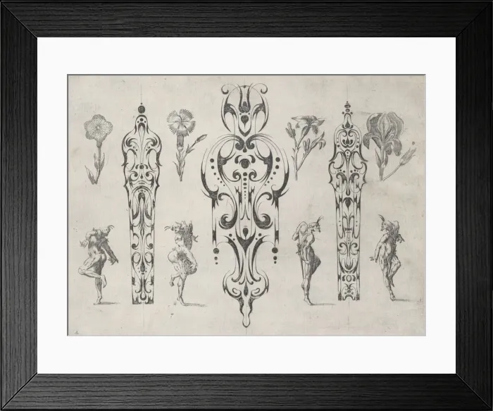Framed Print : Blackwork Designs with Flowers and Commedia dell Arte Figures, Plate 4 from a Series... after 1622. Creator: Meinert Gelijs Framed Print : Blackwork Designs with Flowers and Commedia dell Arte Figures, Plate 4 from a Series... after 1622. Creator: Meinert Gelijs