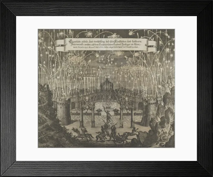 Framed Print : Fireworks celebrating the marriage of Emperor Leopold I and Margarita, Vienna 1666, after 1666. Creator: Melchior Küsel Framed Print : Fireworks celebrating the marriage of Emperor Leopold I and Margarita, Vienna 1666, after 1666. Creator: Melchior Küsel