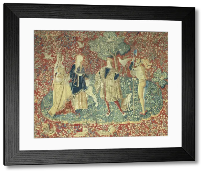 Framed Print : A Falconer with Two Ladies and a Foot Soldier, possibly Paris or Bruges, c. 1500. Creator: Unknown Framed Print : A Falconer with Two Ladies and a Foot Soldier, possibly Paris or Bruges, c. 1500. Creator: Unknown