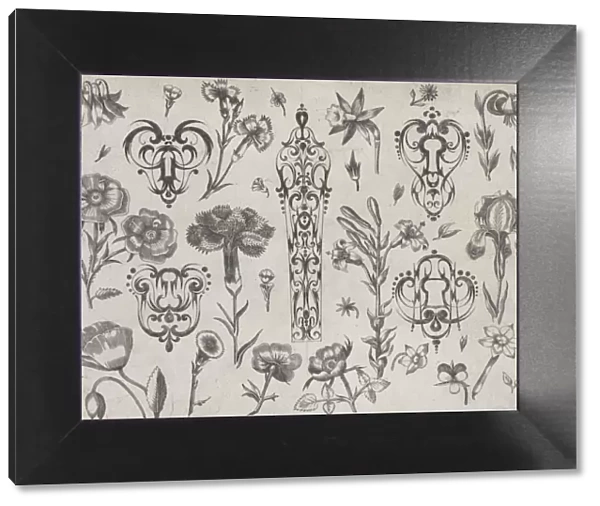 Blackwork Designs with Flowers, Plate 6 from a Series of Blackwork Ornaments combine... after 1622. Creator: Meinert Gelijs