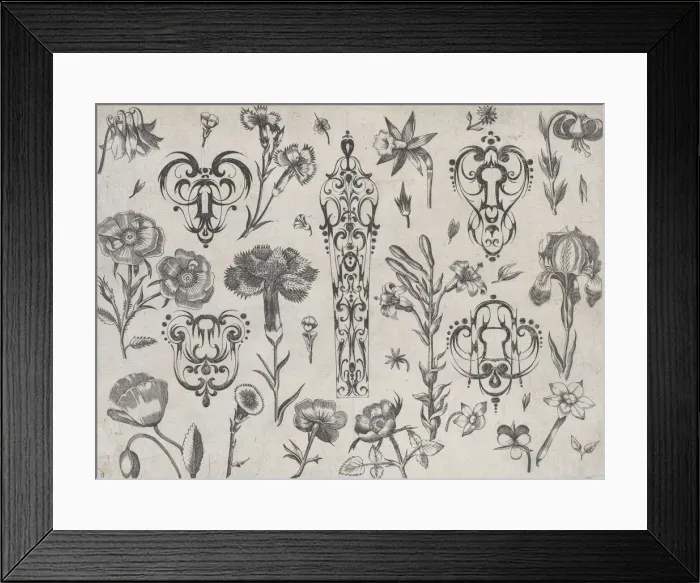 Framed Print : Blackwork Designs with Flowers, Plate 6 from a Series of Blackwork Ornaments combine... after 1622. Creator: Meinert Gelijs Framed Print : Blackwork Designs with Flowers, Plate 6 from a Series of Blackwork Ornaments combine... after 1622. Creator: Meinert Gelijs