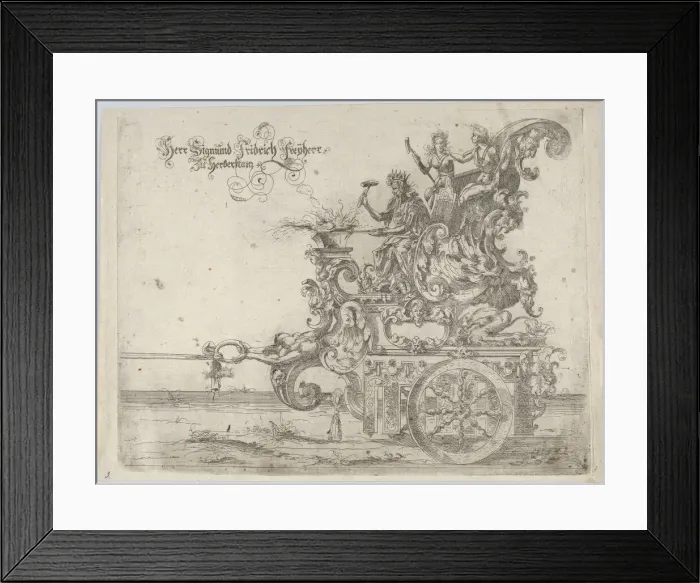 Framed Print : Procession, with a male and two female figures seated on a float, 16th century. 16th century. Creator: Anon