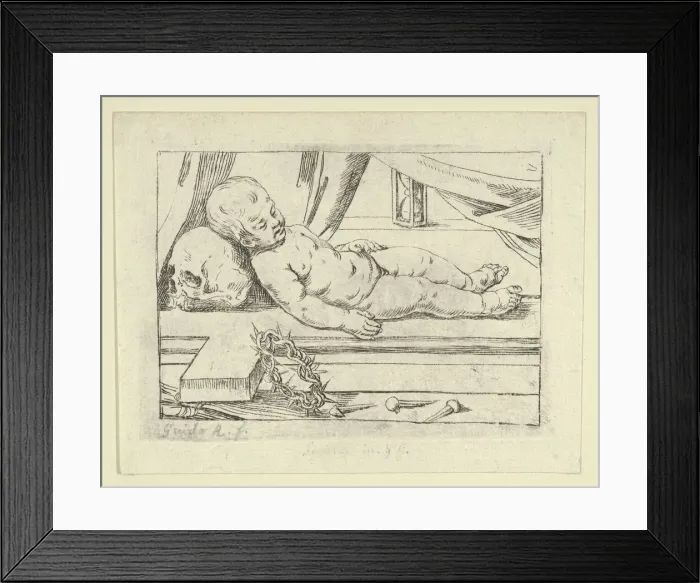 Framed Print : The infant Christ asleep on a cross, his head resting on a skull, a crown of thorn... 17th century. Creator: Anon Framed Print : The infant Christ asleep on a cross, his head resting on a skull, a crown of thorn... 17th century. Creator: Anon