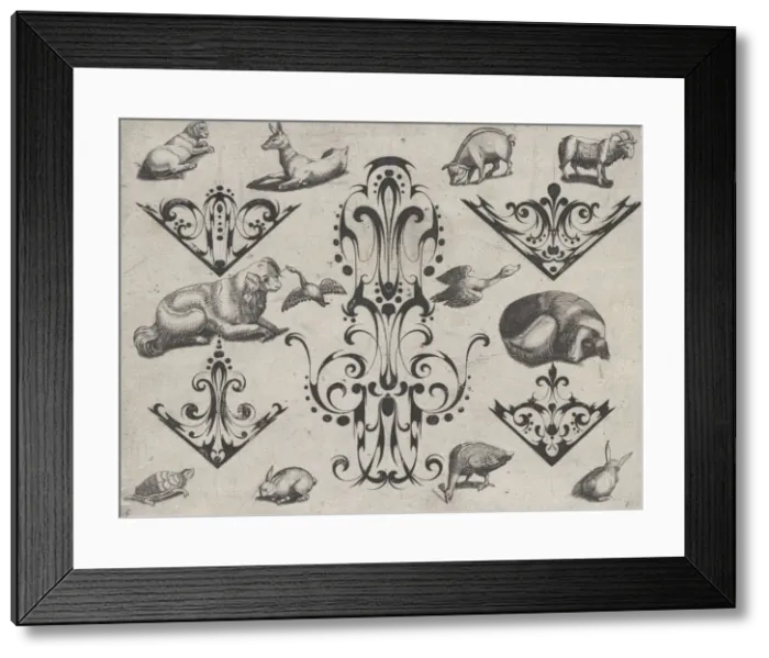 Framed Print : Blackwork Designs with Various Mammals and Birds, Plate 5 from a Series of Blackwork... after 1622. Creator: Meinert Gelijs Framed Print : Blackwork Designs with Various Mammals and Birds, Plate 5 from a Series of Blackwork... after 1622. Creator: Meinert Gelijs