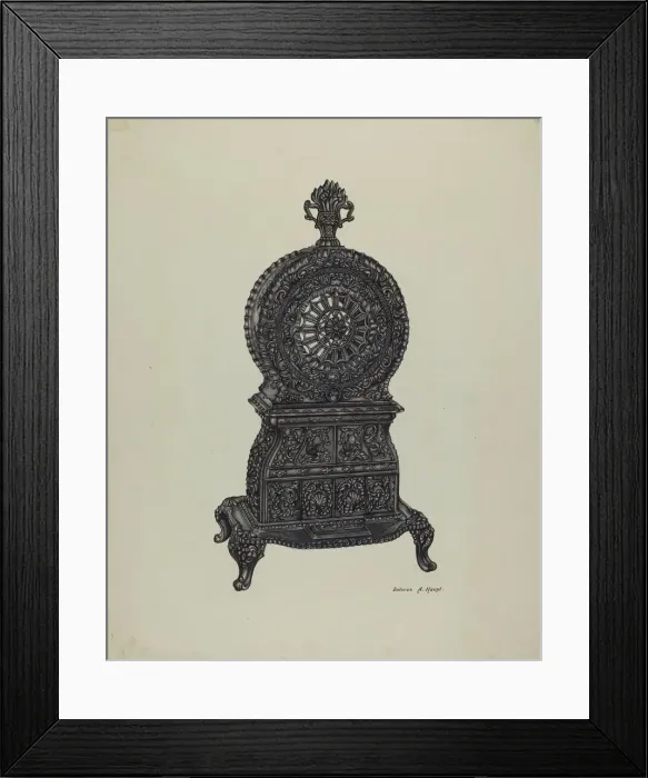 Framed Print : Cast Iron Heater Stove, c. 1940. Creator: Dolores Haupt Framed Print : Cast Iron Heater Stove, c. 1940. Creator: Dolores Haupt