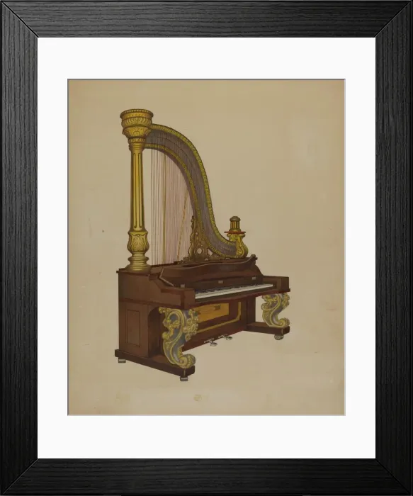 Framed Print : Upright Harp / Piano, c. 1937. Creator: William High Framed Print : Upright Harp / Piano, c. 1937. Creator: William High