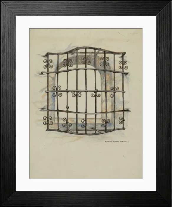 Framed Print : Iron Grille at Window: Restoration Drawing, c. 1936. Creator: Harry Mann Waddell Framed Print : Iron Grille at Window: Restoration Drawing, c. 1936. Creator: Harry Mann Waddell