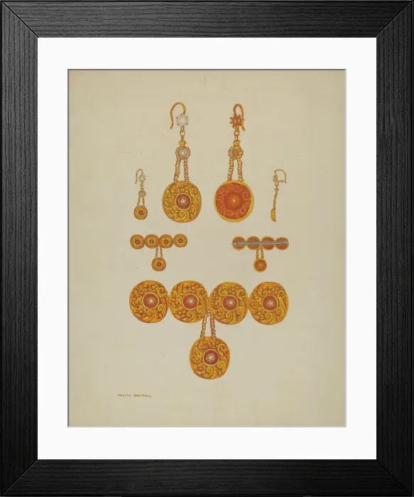 Framed Print : Earrings and Brooch, c. 1937. Creator: Tulita Westfall Framed Print : Earrings and Brooch, c. 1937. Creator: Tulita Westfall
