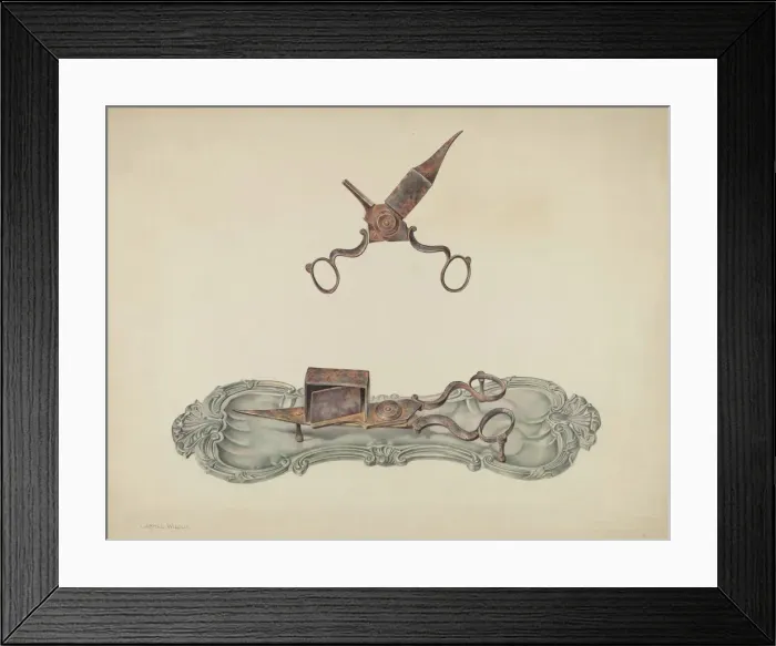 Framed Print : Pewter Tray and Snuffers, c. 1938. Creator: Carmel Wilson Framed Print : Pewter Tray and Snuffers, c. 1938. Creator: Carmel Wilson