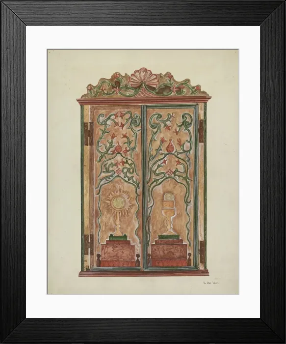 Framed Print : Hand-carved Cabinet, c. 1937. Creator: Vera Van Voris Framed Print : Hand-carved Cabinet, c. 1937. Creator: Vera Van Voris