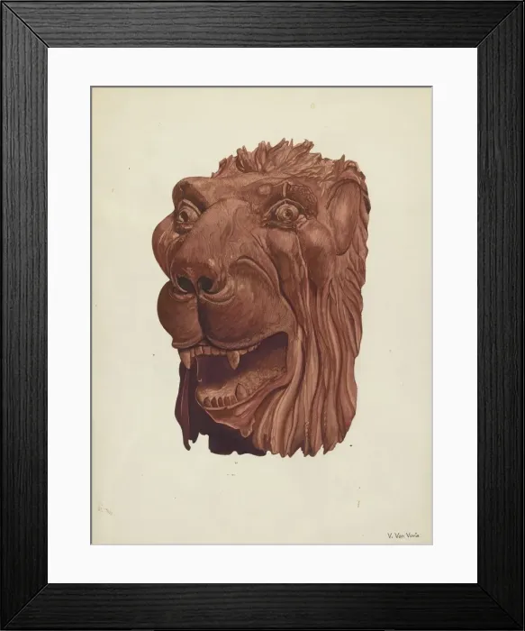 Framed Print : Carved Lions Head, c. 1937. Creator: Vera Van Voris Framed Print : Carved Lions Head, c. 1937. Creator: Vera Van Voris