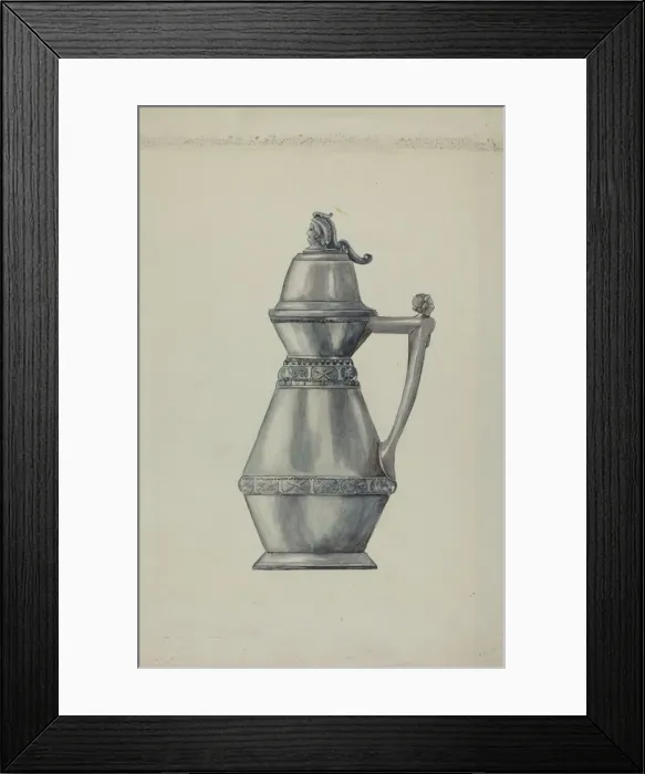 Framed Print : Pewter Syrup Jug, c. 1937. Creator: Harry Mann Waddell Framed Print : Pewter Syrup Jug, c. 1937. Creator: Harry Mann Waddell