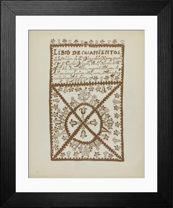 Framed Print : Plate 1: Jemez Book of Marriages: From Portfolio Spanish Colonial Designs of New Mexico, 1935 / 1942 Creator: Unknown Framed Print : Plate 1: Jemez Book of Marriages: From Portfolio Spanish Colonial Designs of New Mexico, 1935 / 1942 Creator: Unknown