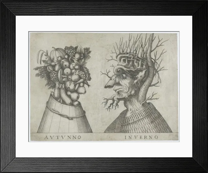 Framed Print : Autumn and Winter: two heads made from flora typical of those seasons, ca. 1580-1620. ca. 1580-1620 Creator: Anon Framed Print : Autumn and Winter: two heads made from flora typical of those seasons, ca. 1580-1620. ca. 1580-1620 Creator: Anon