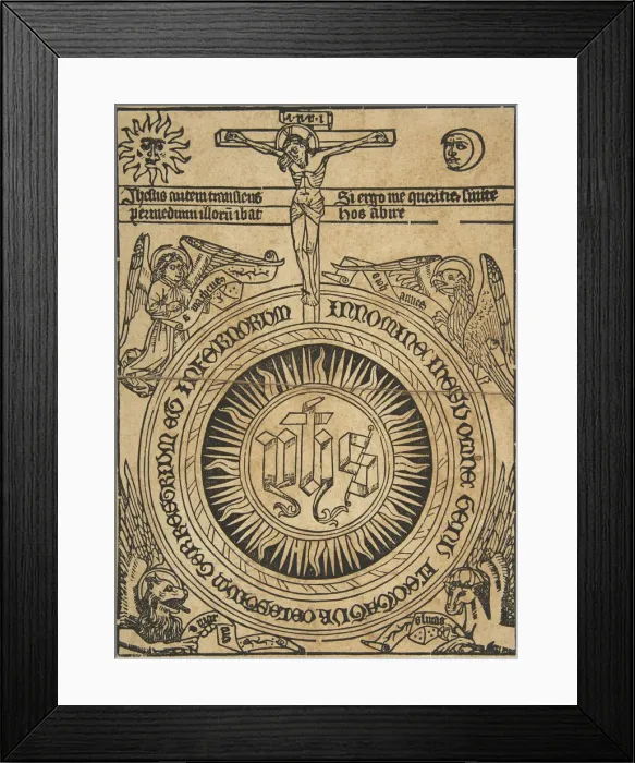 Framed Print : The Sacred Monogram with the Symbols of the Evangelists and the Crucifixion (Schr... 15th century. Creator: Anon)