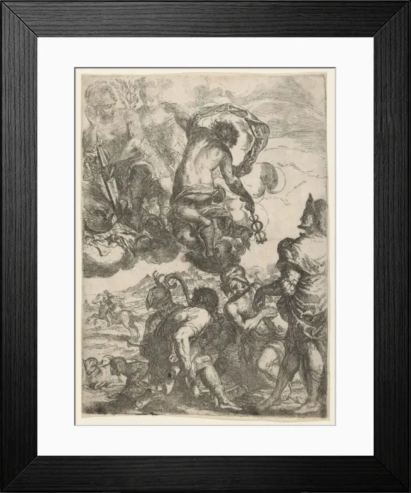 Framed Print : Mercury (Hermes), Juno (?) Mars, and a group of figures below (shepherds, musicians... ca. 1640-60. Creator: Anon) Framed Print : Mercury (Hermes), Juno (?) Mars, and a group of figures below (shepherds, musicians... ca. 1640-60. Creator: Anon)