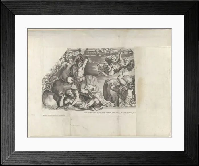 Framed Print : Minerva depicted at top with a shield and arrow vanquishing the Giants below, from Bar... ca. 1677. Creator: Anon Framed Print : Minerva depicted at top with a shield and arrow vanquishing the Giants below, from Bar... ca. 1677. Creator: Anon