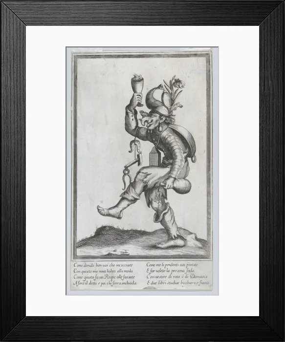 Framed Print : A caricature figure (a carpenter?) with a toad on his nose, carrying various implem... ca. 1640-60. Creator: Anon Framed Print : A caricature figure (a carpenter?) with a toad on his nose, carrying various implem... ca. 1640-60. Creator: Anon