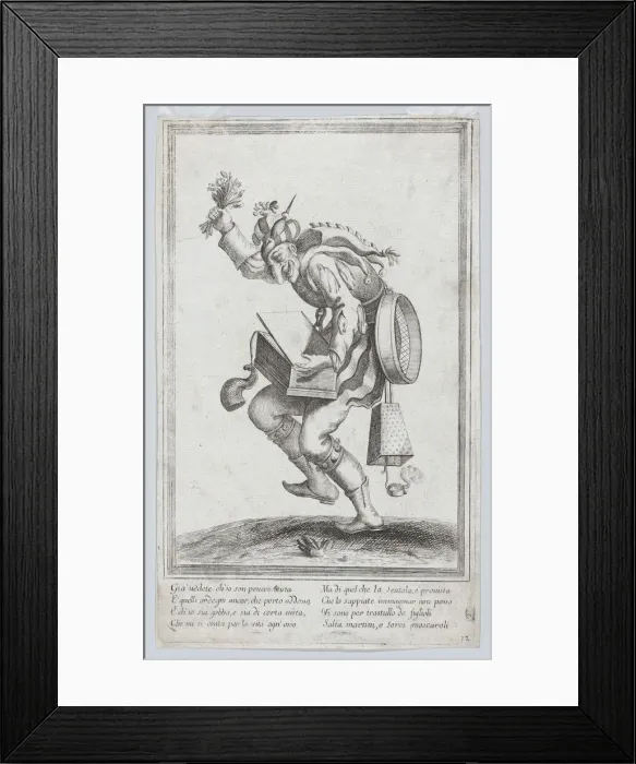 Framed Print : A caricature figure representing a poor itinerant artist loaded with various implem... ca. 1640-60. Creator: Anon Framed Print : A caricature figure representing a poor itinerant artist loaded with various implem... ca. 1640-60. Creator: Anon