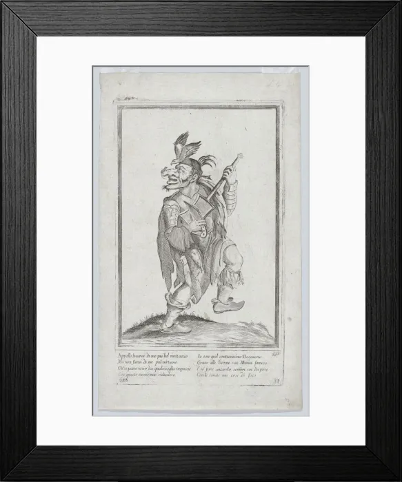 Framed Print : A caricature figure representing a street musician(?) with a mouse (lizard?) on his... ca. 1640-60. Creator: Anon Framed Print : A caricature figure representing a street musician(?) with a mouse (lizard?) on his... ca. 1640-60. Creator: Anon