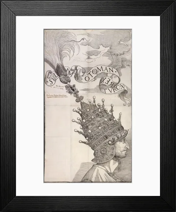 Framed Print : Sultan Suleyman the Magnificent Wearing the Jewel-Studded Helmet, ca. 1540-50. ca. 1540-50. Creator: Anon Framed Print : Sultan Suleyman the Magnificent Wearing the Jewel-Studded Helmet, ca. 1540-50. ca. 1540-50. Creator: Anon