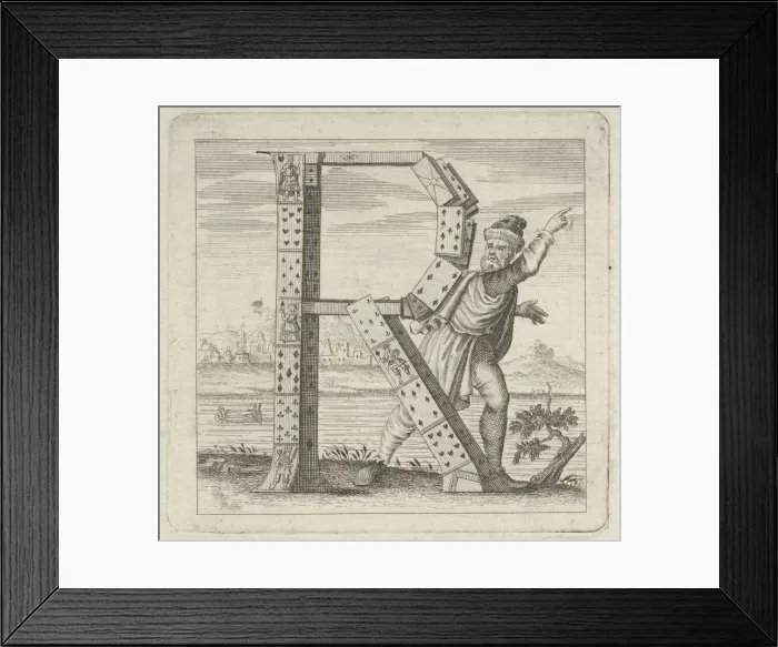 Framed Print : The letter R, constructed from a court pack of playing cards, stands on a riva (ri... 18th century. Creator: Anon) Framed Print : The letter R, constructed from a court pack of playing cards, stands on a riva (ri... 18th century. Creator: Anon)
