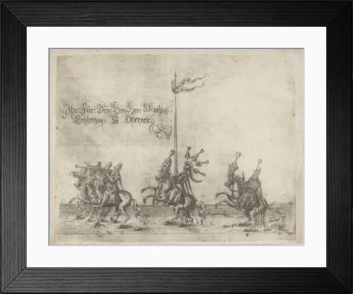 Framed Print : Procession, with men riding horses; three men playing trumpets at front, a knight... 16th century. Creator: Anon Framed Print : Procession, with men riding horses; three men playing trumpets at front, a knight... 16th century. Creator: Anon