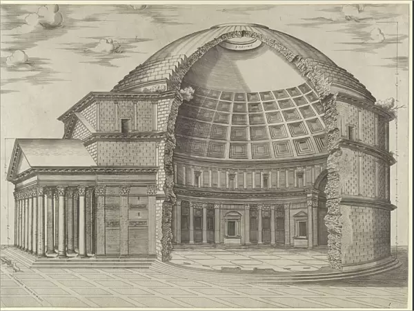 Reconstruction of the Pantheon in Rome, seen from the side, cut away to reveal the interior, 1553. Creator: Anon