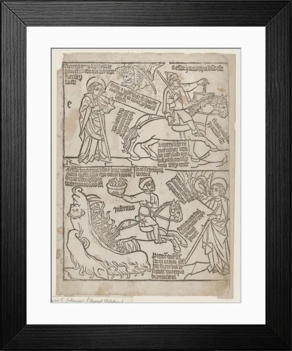 Framed Print : A Rider on a Black Horse with a Pair of Balances in His Hand; and A Pale Horse with D... 1440-1450. Creator: Anon Framed Print : A Rider on a Black Horse with a Pair of Balances in His Hand; and A Pale Horse with D... 1440-1450. Creator: Anon