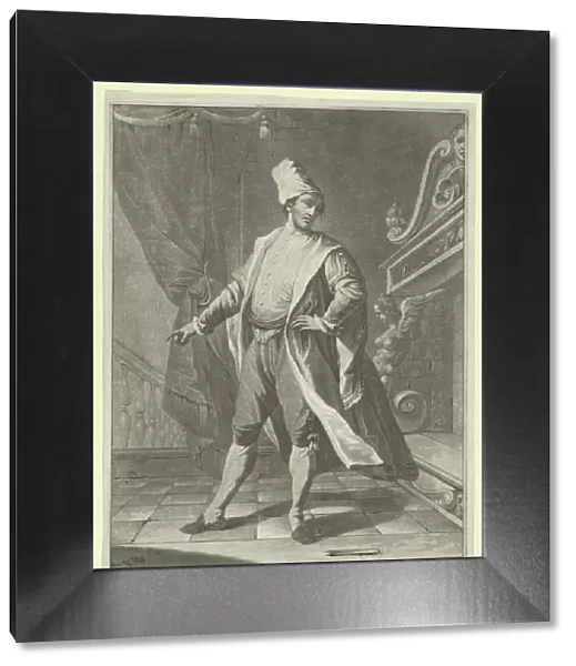 Man in Venetian costume standing before a large fireplace, right arm outstretched... ca. 1770-1800. Creator: Anon