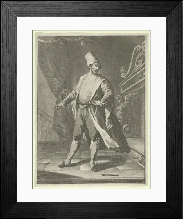 Framed Print : Man in Venetian costume standing before a large fireplace, right arm outstretched... ca. 1770-1800. Creator: Anon Framed Print : Man in Venetian costume standing before a large fireplace, right arm outstretched... ca. 1770-1800. Creator: Anon