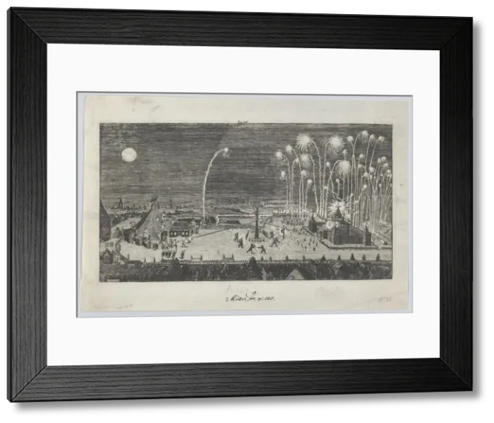 Framed Print : Fireworks display celebrating the end of the Thirty Years War, Nuremberg, 1650 Creator: Anon Framed Print : Fireworks display celebrating the end of the Thirty Years War, Nuremberg, 1650 Creator: Anon