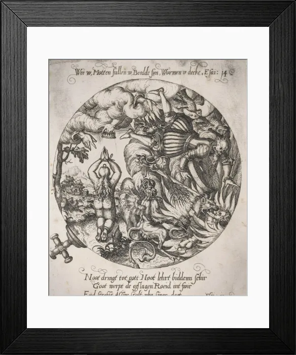 Framed Print : Woe to you, Maggots will be in your bed, and worms your coverlet (Isaiah 14: 11), ca... ca. 1570-72. Creator: Anon Framed Print : Woe to you, Maggots will be in your bed, and worms your coverlet (Isaiah 14: 11), ca... ca. 1570-72. Creator: Anon