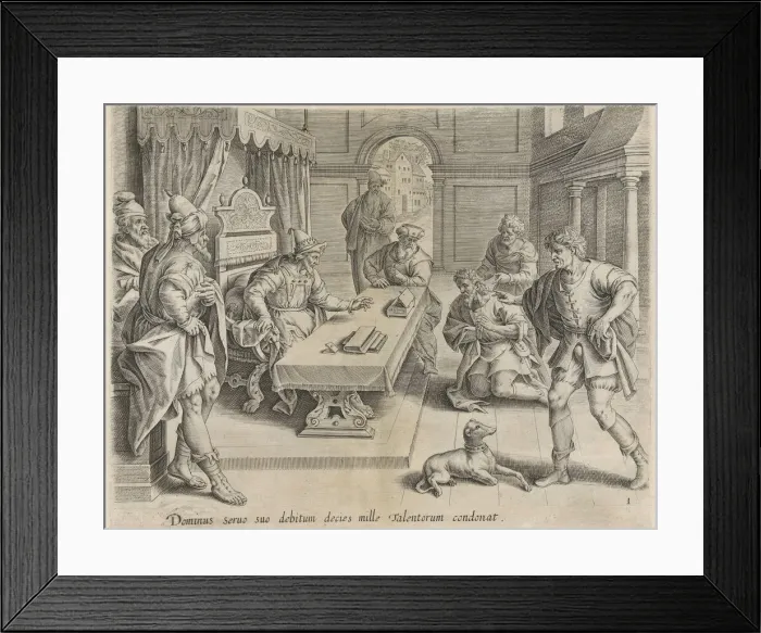 Framed Print : The King Cancelling his Servants Debt, from the Parable of the Unmerciful Servant, bound... 1585. Creator: Anon Framed Print : The King Cancelling his Servants Debt, from the Parable of the Unmerciful Servant, bound... 1585. Creator: Anon