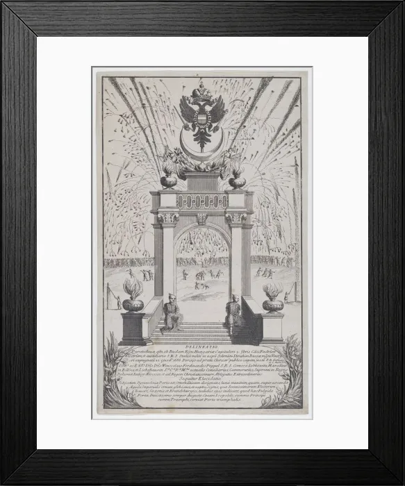 Framed Print : Fireworks and triumphal arch erected in Buda to celebrate the expulsion of the Turks, Sept... 1686. Creator: Anon Framed Print : Fireworks and triumphal arch erected in Buda to celebrate the expulsion of the Turks, Sept... 1686. Creator: Anon