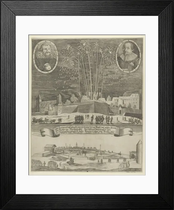 Framed Print : Fireworks display by Lorenz Müller as proof of mastership, Nuremberg 1635. Creator: Anon Framed Print : Fireworks display by Lorenz Müller as proof of mastership, Nuremberg 1635. Creator: Anon