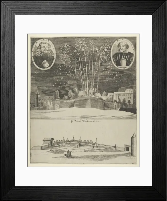 Framed Print : Fireworks display by Lorenz Müller as proof of his mastership, Nuremberg, 1635. Creator: Anon Framed Print : Fireworks display by Lorenz Müller as proof of his mastership, Nuremberg, 1635. Creator: Anon