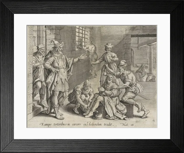 Framed Print : The Imprisoned Servant, from The Parable of the Unmerciful Servant, bound in Thesaurus Sac... 1585. Creator: Anon Framed Print : The Imprisoned Servant, from The Parable of the Unmerciful Servant, bound in Thesaurus Sac... 1585. Creator: Anon