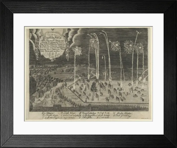 Framed Print : A faithful representation of the fireworks display presented by Johann Müller as proof of... 1659. Creator: Anon Framed Print : A faithful representation of the fireworks display presented by Johann Müller as proof of... 1659. Creator: Anon