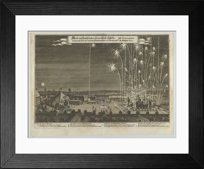 Framed Print : Fireworks display celebrating the end of the Thirty Years War, Nuremberg, 1650, 1650. 1650. Creator: Anon Framed Print : Fireworks display celebrating the end of the Thirty Years War, Nuremberg, 1650, 1650. 1650. Creator: Anon